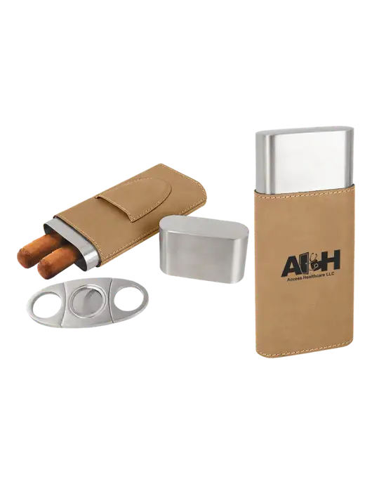 Tan Leatherette Cigar Case with Cutter w/Access Healthcare Logo