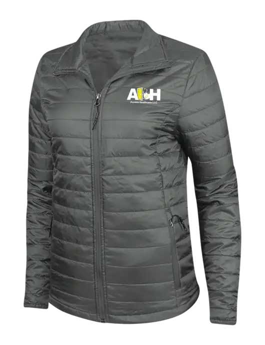 Dark Grey Womens Puffy Packable Jacket w/Access Healthcare Logo